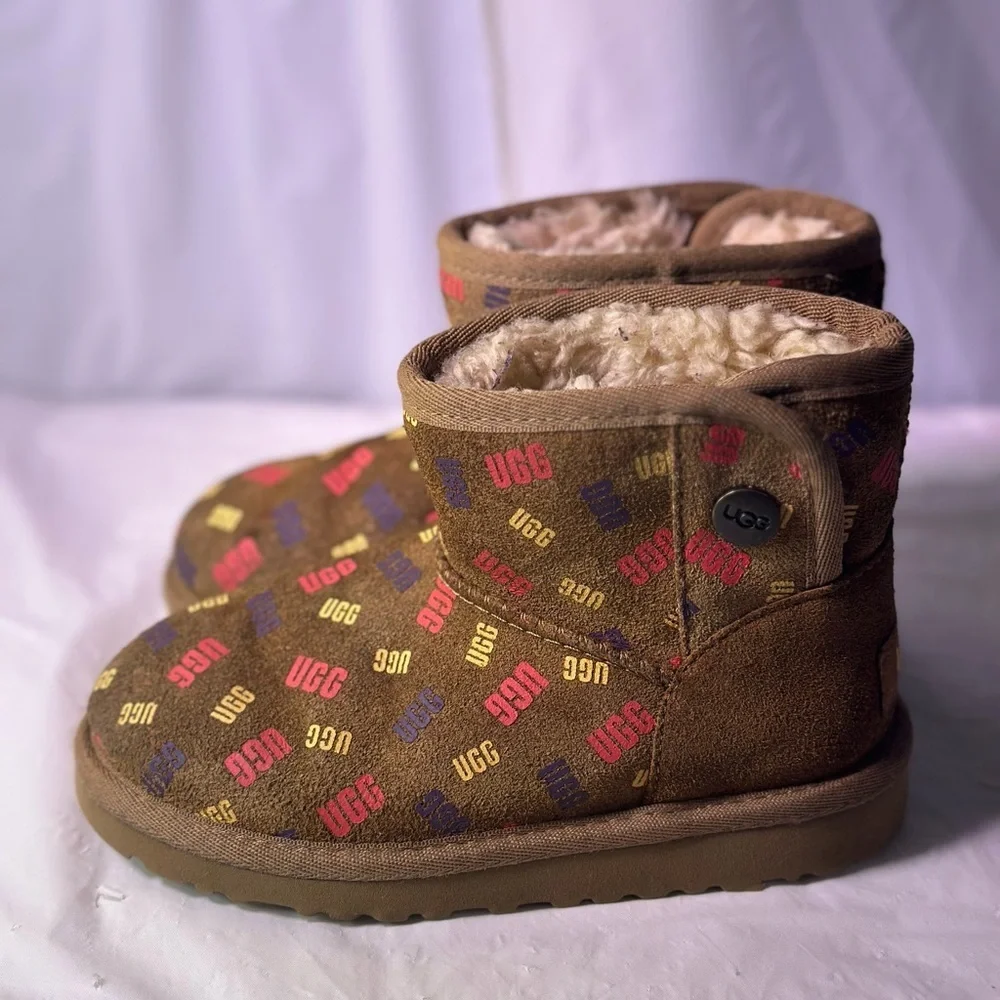 UGG Chestnut Mini Boot with Red, Purple & Gold Logo Print